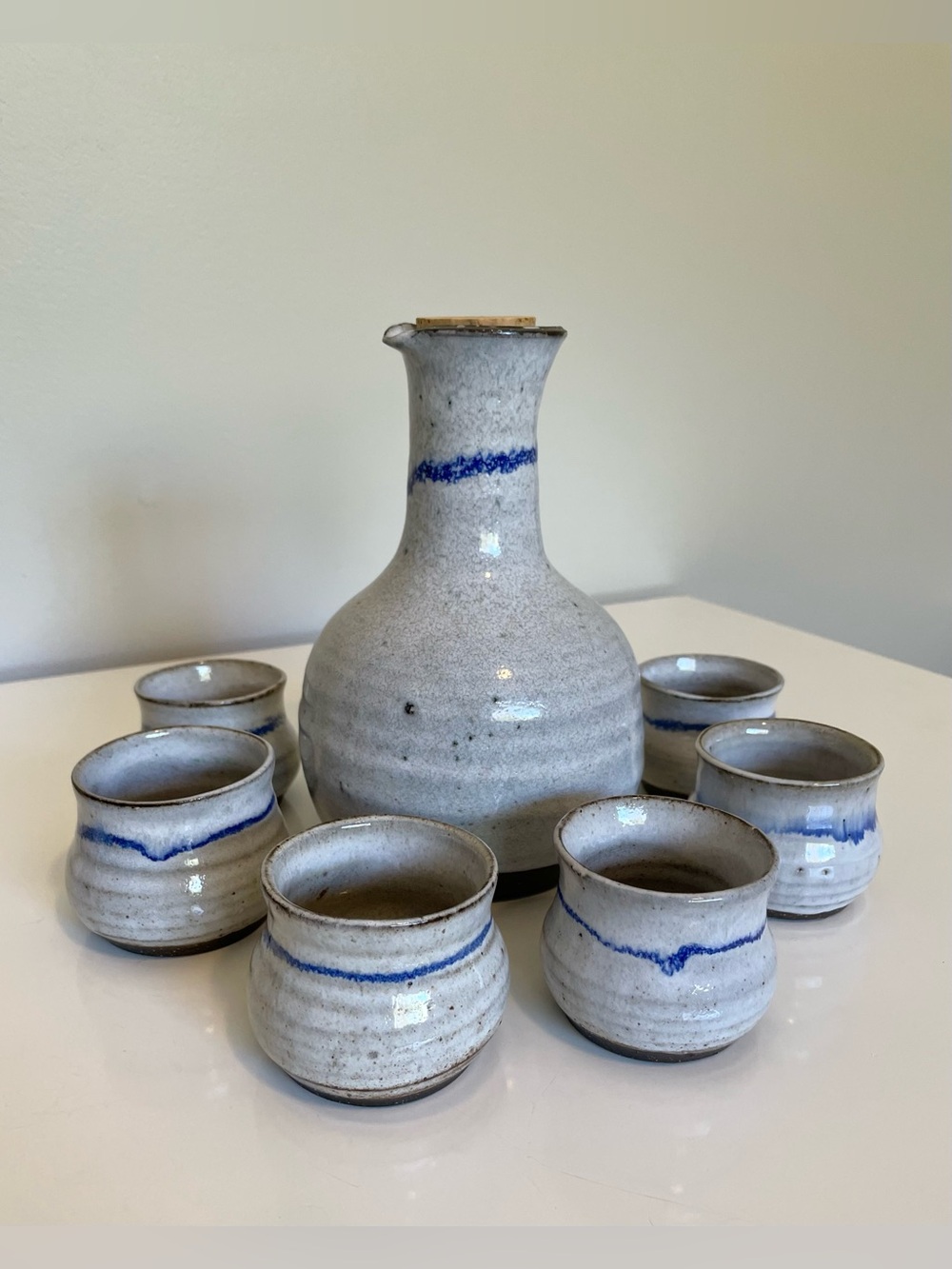 Signed Studio Pottery Sake Set - 7pc Decanter & Cup Set